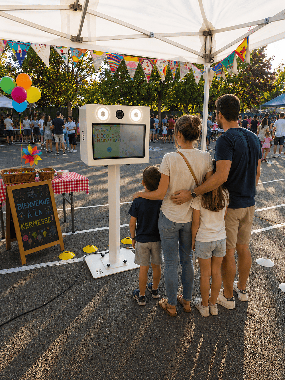 Famille devant le photobooth installé pendant la kermesse des 50 ans de l’école Maryse Bastié