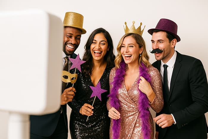Groupe d'amis souriants au photobooth FunkyPix